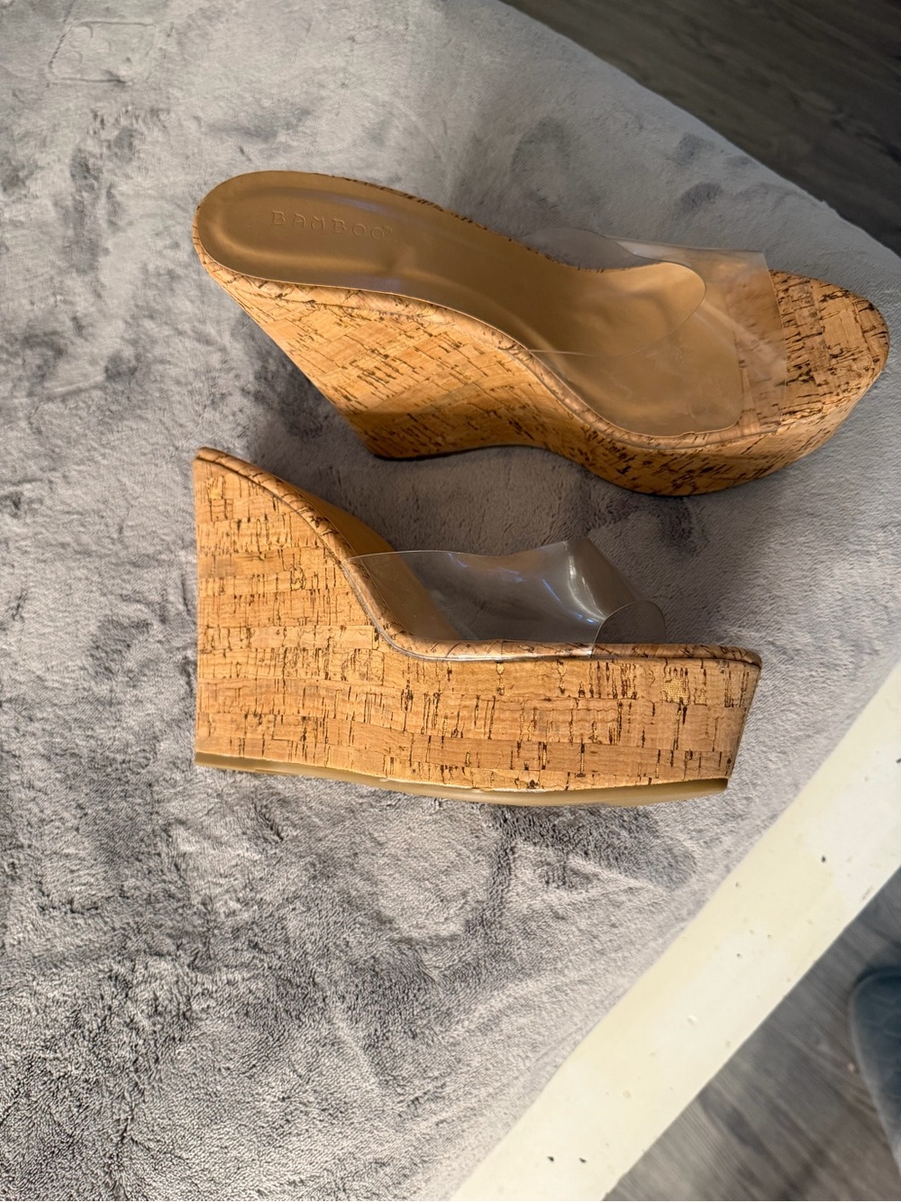 BAMBOO Clear Strap Cork Platform Wedges in Natural